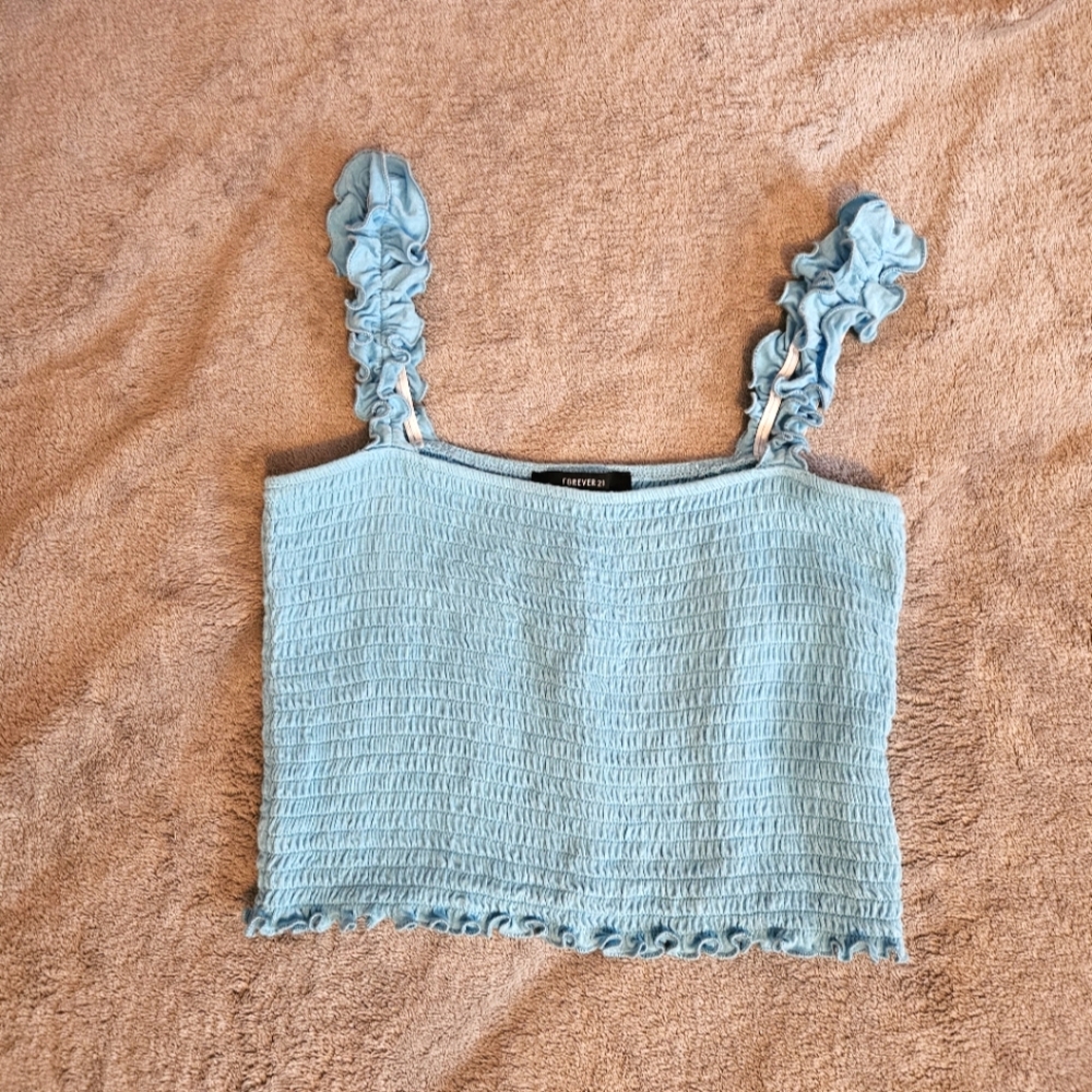 Ruffled Smocked Blue Aqua Crop Top